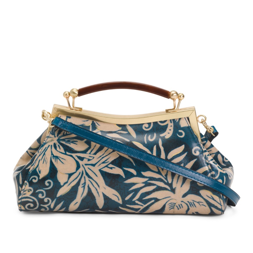 Patricia Nash Leather Kelmscott Frame Satchel / Purse - Greek Floral print